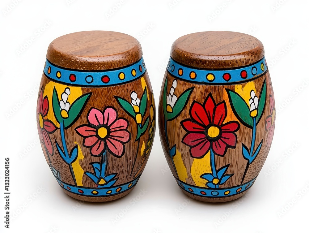 Two wooden jars with beautifully painted designs on an isolated white background featuring unique artistic patterns Two wooden jars with beautifully painted designs on an isolated white background featuring unique artistic patterns