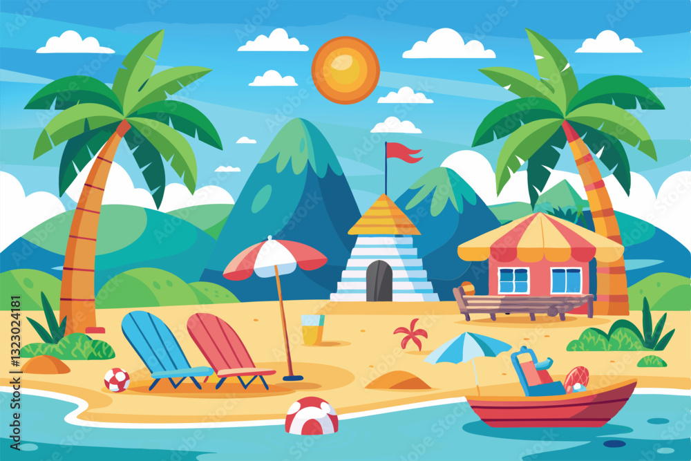 Obraz premium Relax on vibrant beach chairs under palm trees with a boat and a cozy seaside hut during summer vacation, Summer holiday and vacation,