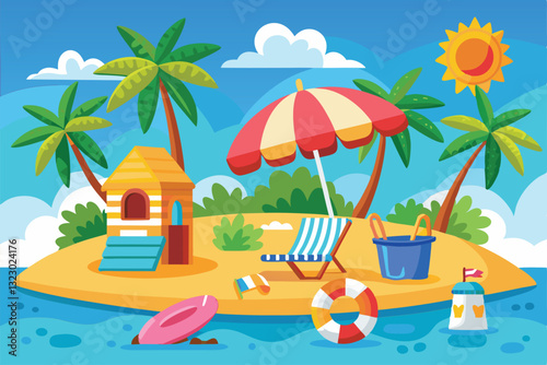 Enjoy a vibrant tropical island vacation with beach chairs, toys, and an inviting sun umbrella under clear skies, Summer holiday and vacation,