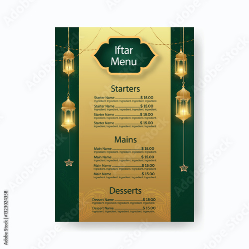 editable Ramadan Iftar menu card template, a4 size vertical Ramadan iftar menu print template for restaurant, Islamic card design