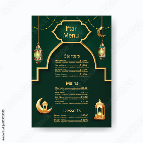 editable Ramadan Iftar menu card template, a4 size vertical Ramadan iftar menu print template for restaurant, Islamic card design