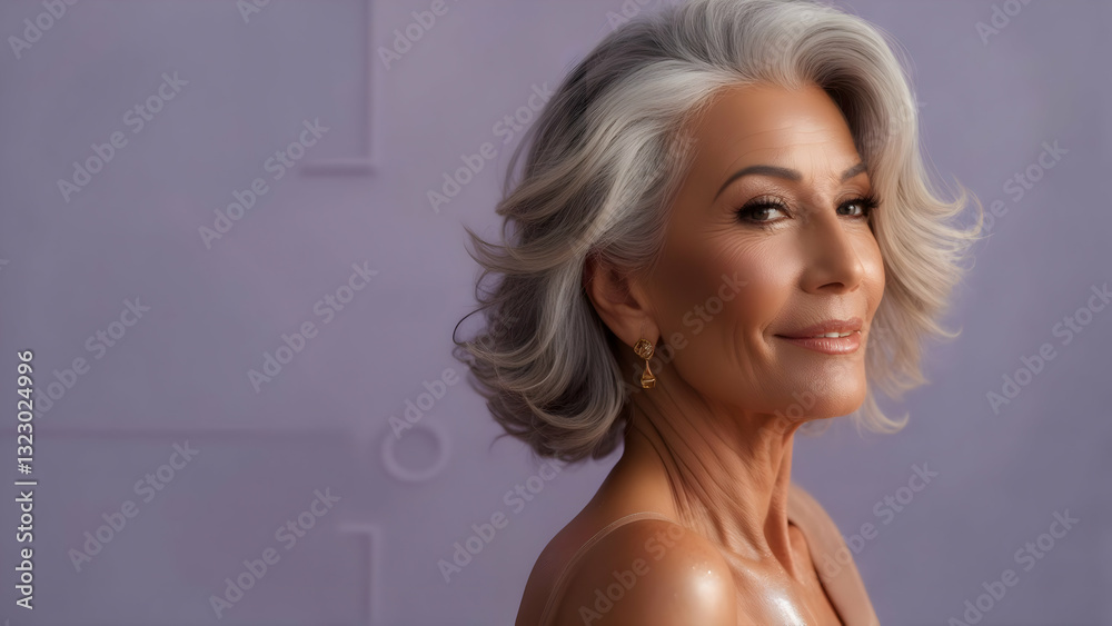 Golden Age Charm in Soft Light: A Woman in Her Fifties at the Right TBeautiful Woman in Gentle Light: Fifties Alignehird, Radiant, Shiny Skin Stands Out on Clean Lavender with Faint Geometric Patterns Golden Age Charm in Soft Light: A Woman in Her Fifties at the Right TBeautiful Woman in Gentle Light: Fifties Alignehird, Radiant, Shiny Skin Stands Out on Clean Lavender with Faint Geometric Patterns