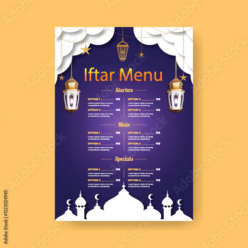editable Ramadan Iftar menu card template, a4 size vertical Ramadan iftar menu print template for restaurant, Islamic card design