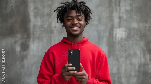 Young adult Nigerian man smiles holding phone in a red hooded sweatshirt against a gray background
