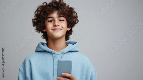 Teenager with curly hair holds smartphone while wearing a blue hoodie against a plain gray background
