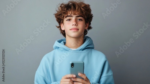 Teenager with light skin holding a mobile phone poses against a grey background wearing a light blue hoodie and sporting curly brown hair