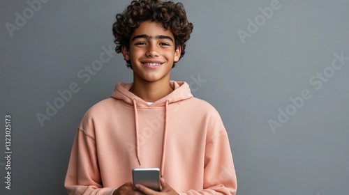Smiling teenager with curly hair holding a mobile device against a plain background, wearing a casual hooded sweatshirt