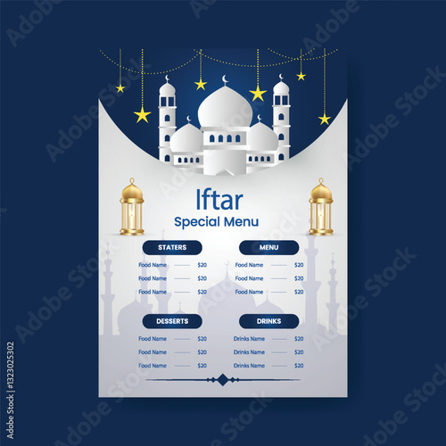editable Ramadan Iftar menu card template, a4 size vertical Ramadan iftar menu print template for restaurant, Islamic card design