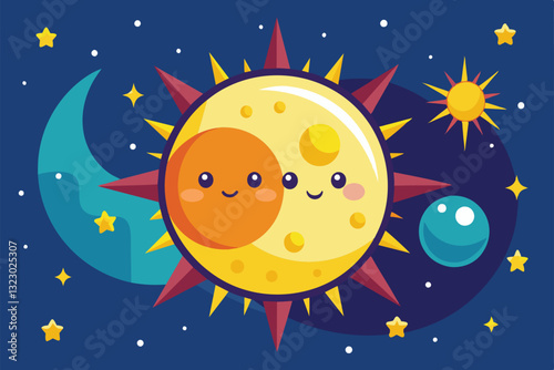A delightful scene features a smiling sun and moon amidst twinkling stars and colorful planets in the night sky, Sun and moon Customizable Flat Illustration
