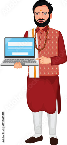 Indian Astrologer Holding Laptop in Hand Cartoon Character Vector Illustration