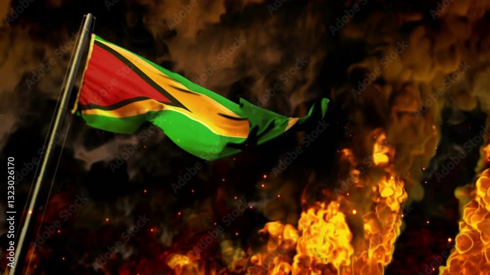 waving Guyana flag on burning fire backdrop - cataclysm concept