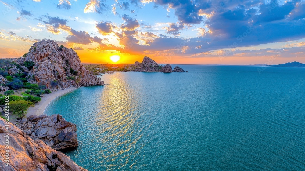 Stunning beach sunset over calm waters with vibrant colors and clouds reflecting on golden sand Stunning beach sunset over calm waters with vibrant colors and clouds reflecting on golden sand