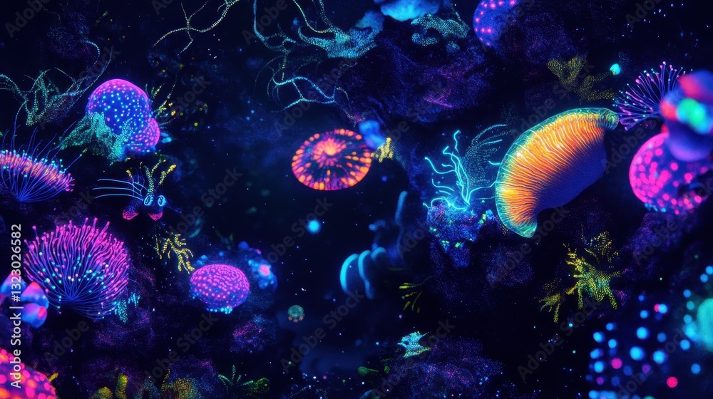 Neon Jellyfish Glow in Dark Deep Sea Scene Neon Jellyfish Glow in Dark Deep Sea Scene