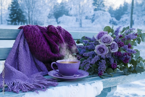 A tranquil snowy garden featuring a frosted wooden bench with a deep lavender scarf and matching woven shawl resting upon it. 