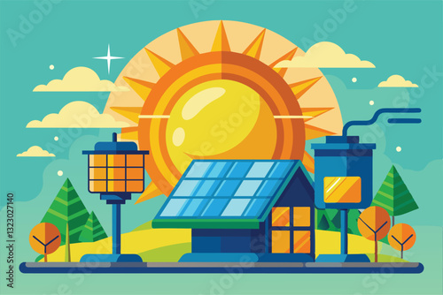 A bright landscape features a house with solar panels, enhanced by sunny skies and colorful trees, Sun energy Customizable Semi Flat Illustration