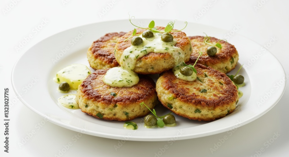 Delectable Crab Cakes: Culinary delight, presented with appetizing crab cakes, drizzled with sauce, complemented by capers Delectable Crab Cakes: Culinary delight, presented with appetizing crab cakes, drizzled with sauce, complemented by capers
