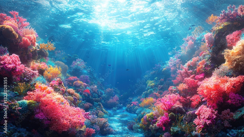 Obraz premium Vibrant coral reef teeming with life, sunbeams penetrate the water, showcasing diverse colors and marine life.