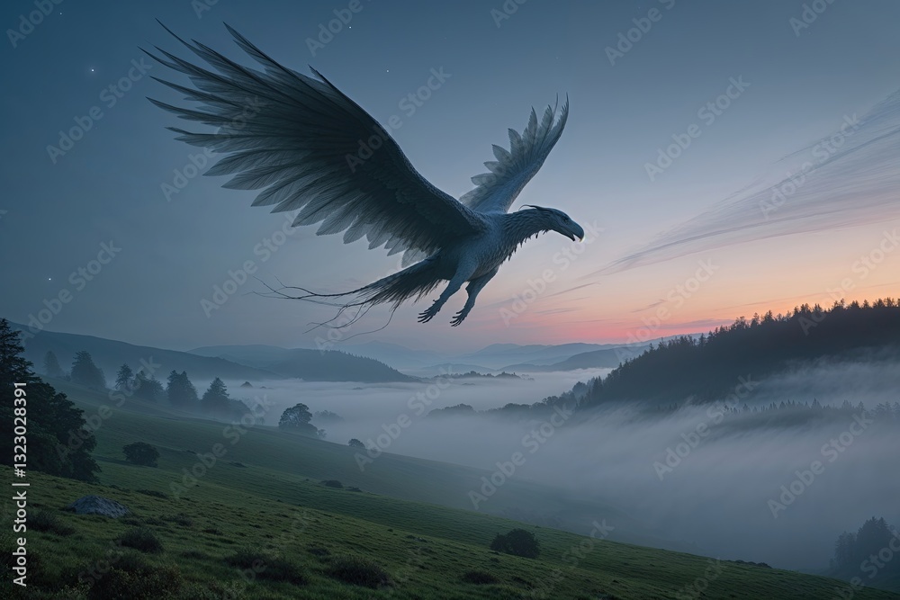 Obraz premium Enigmatic Figure Gliding Above Foggy Scenery at Twilight