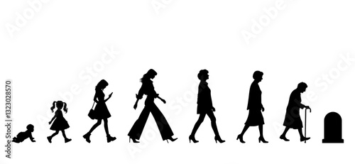 Vector illustration. Silhouette of growing up man from baby to old age. Many people of different ages in a row.	
