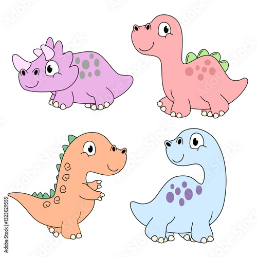 Dinosaurs in flat cartoon style. Dinosaur vector illustration. Super Cute dinosaurs on white background.
Children's collection includes cute dinosaurs, palm trees, volcanoes. Cute prehistoric dinosaur