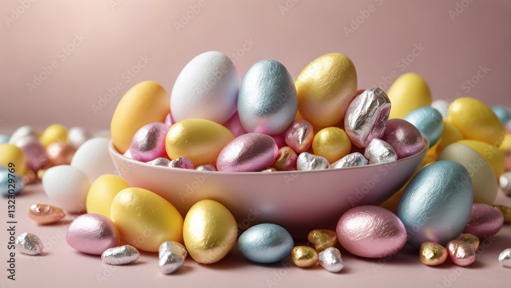 Colorful Easter eggs and candy in bowl create festive atmosphere. assortment includes pastel shades and shiny wrappers, perfect for celebrations Colorful Easter eggs and candy in bowl create festive atmosphere. assortment includes pastel shades and shiny wrappers, perfect for celebrations