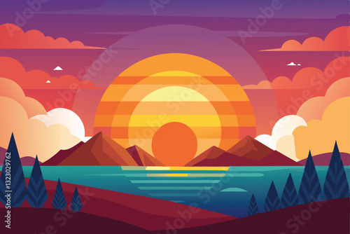 A beautiful sunrise brightens the horizon, casting colors over mountains and reflecting on the water, Sun rise Customizable Flat Illustration