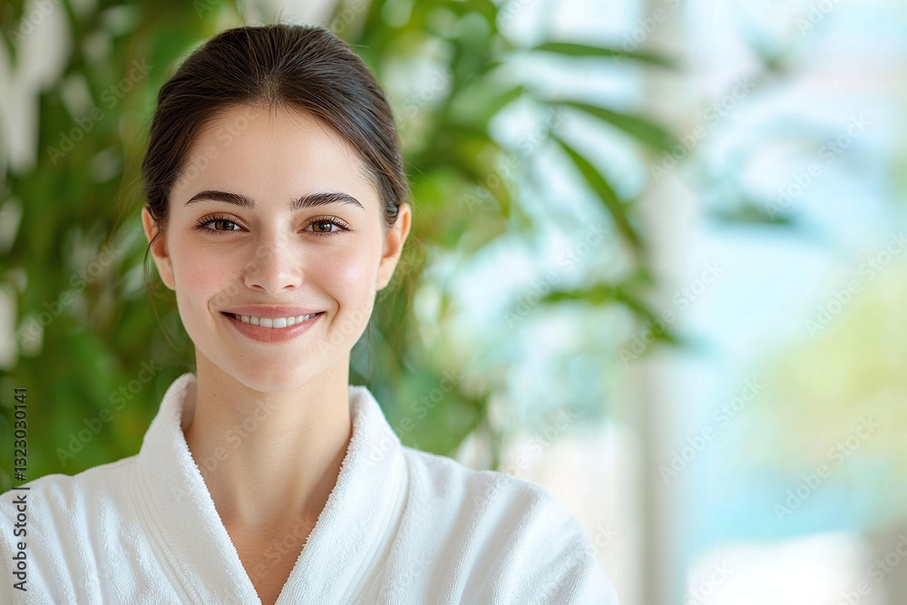 Smiling woman in a robe surrounded by greenery, reflecting relaxation and tranquility. Smiling woman in a robe surrounded by greenery, reflecting relaxation and tranquility.