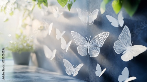 Numerous white butterflies take flight near bright sunlight streaming through foliage for inspirational marketing designs.