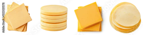 Panel kuchenny z motywem Assortment of various artisanal cheese slices and wedges including cheddar swiss gouda brie and other gourmet dairy products arranged on a plain background with copy space