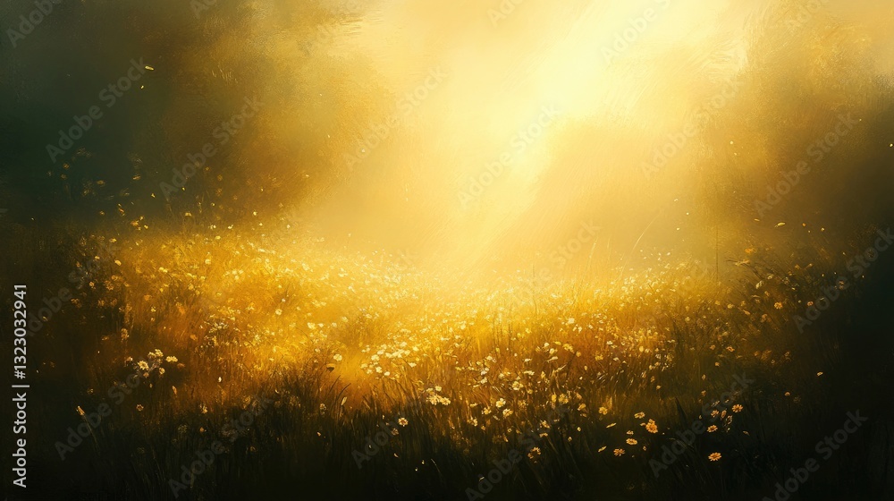 Golden Field of Wildflowers Under a Bright Sunlit Sky with Soft Hues and Dreamy Atmosphere Golden Field of Wildflowers Under a Bright Sunlit Sky with Soft Hues and Dreamy Atmosphere