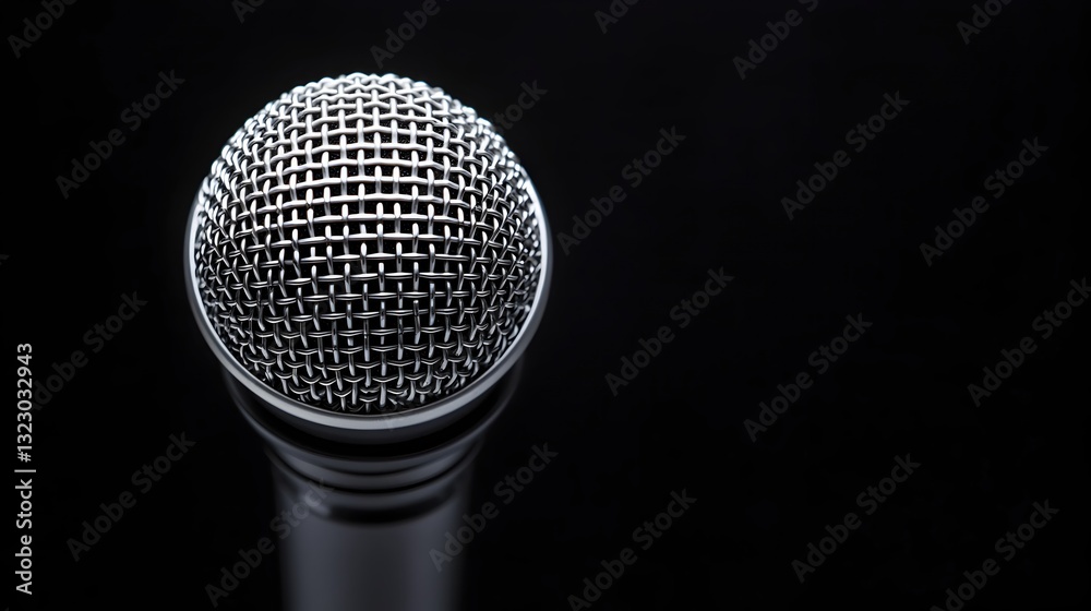 Close-Up of a Shiny Microphone Against a Black Background Close-Up of a Shiny Microphone Against a Black Background