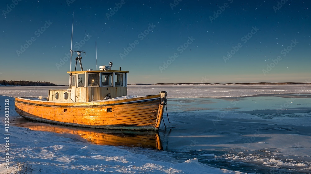 Rustic Wooden Fishing Boat Docked in Icy Winter Seascape at Night Rustic Wooden Fishing Boat Docked in Icy Winter Seascape at Night