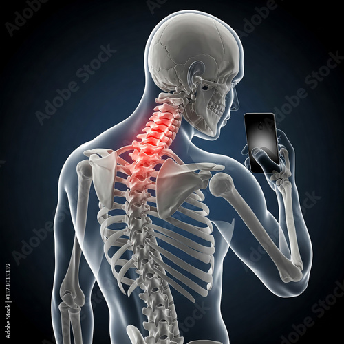 3d rendered illustration of a painful back. A detailed  illustration showing a human skeleton using a mobile phone, poor posture effects, back and neck pain.