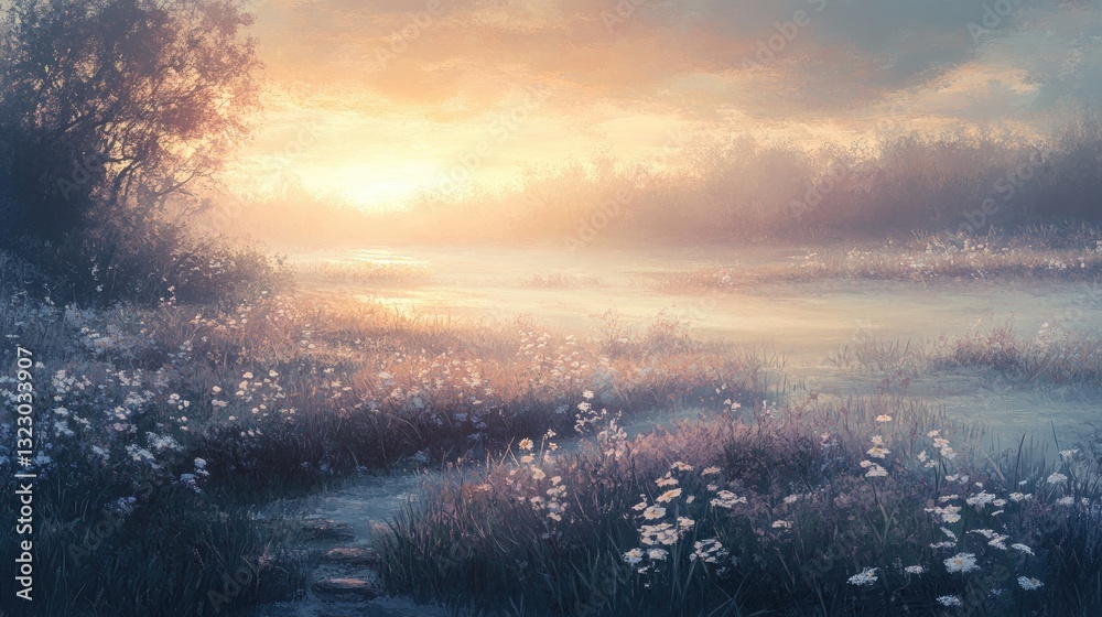 Naklejka premium Serene Sunrise Over Tranquil Meadow with Delicate Wildflowers and Soft Mist in the Morning Light