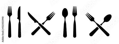 Four elegant black silhouette sets of eating utensils a fork, knife, and spoon arranged in both upright parallel and crossed icon designs on a white background.