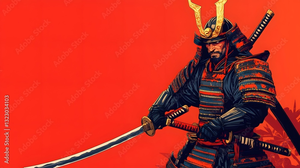 Pixel Art Samurai Warrior in Red Armor with Katana on Red Background Pixel Art Samurai Warrior in Red Armor with Katana on Red Background