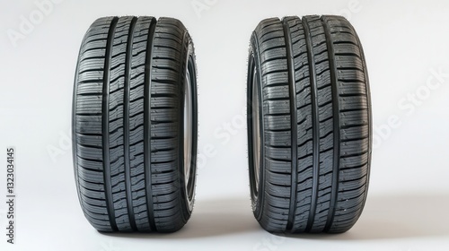 Two car tires showcasing unique tread patterns on a clean white background in a studio setting