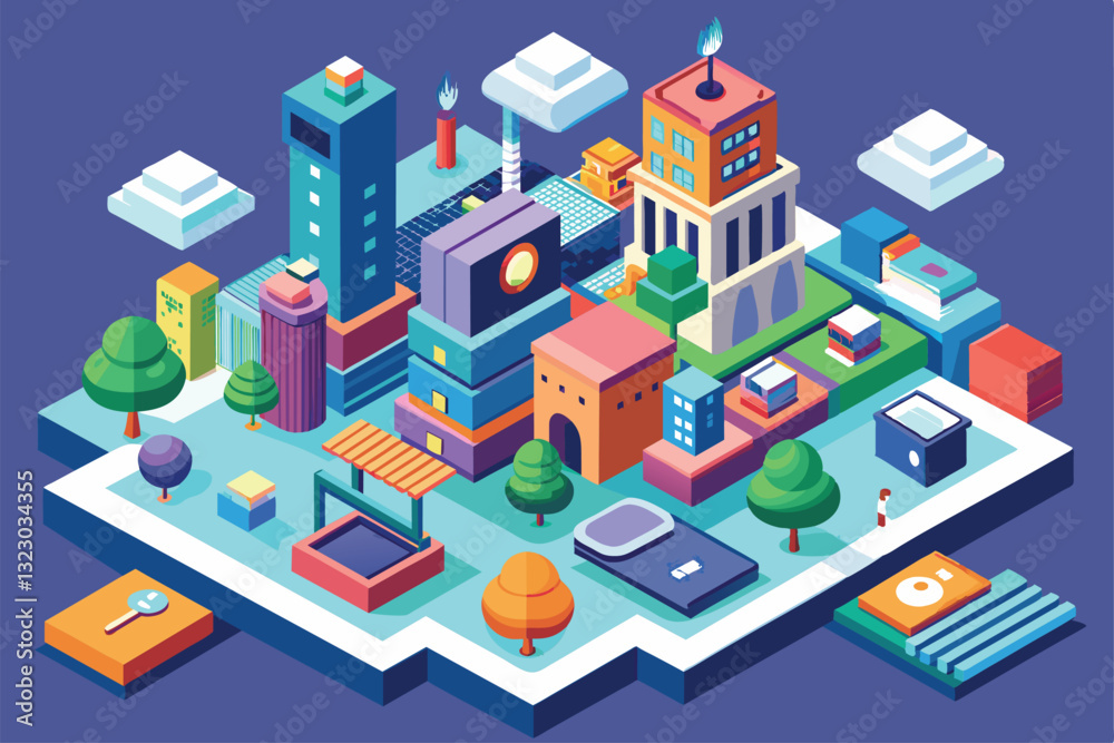 A vibrant isometric view showcasing a customizable city layout filled with diverse buildings, parks, and infrastructure, Sup Customizable Isometric Illustration