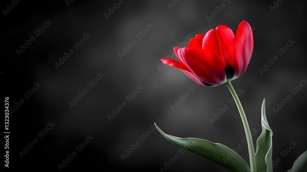 A striking red tulip stands gracefully against a dark, blurred background, highlighting its vibrant color and delicate petals. A striking red tulip stands gracefully against a dark, blurred background, highlighting its vibrant color and delicate petals.