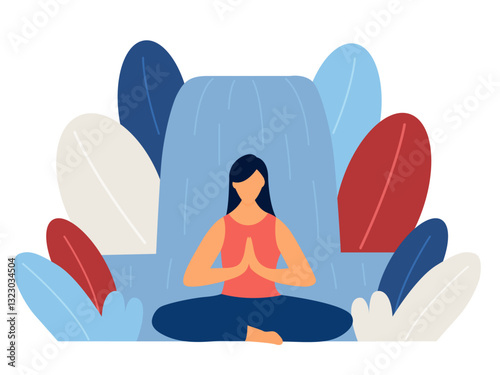 Woman meditating in lotus position with waterfall background. Vector illustration in flat style.