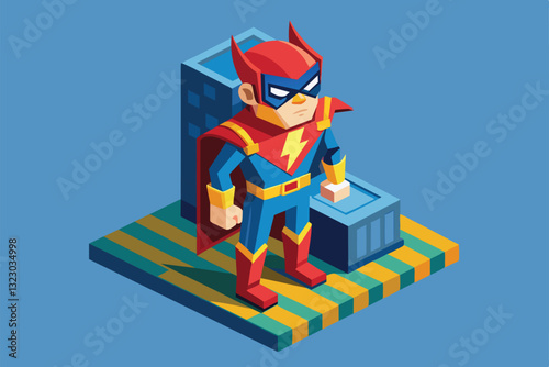 A superhero with a dynamic pose overlooks a colorful isometric urban landscape, ready for action, Superhero Customizable Isometric Illustration