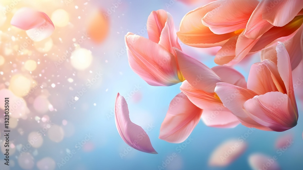 Soft pink tulip petals gracefully float against a dreamy blue background, illuminated by a warm glow, creating a serene and tranquil atmosphere. Soft pink tulip petals gracefully float against a dreamy blue background, illuminated by a warm glow, creating a serene and tranquil atmosphere.