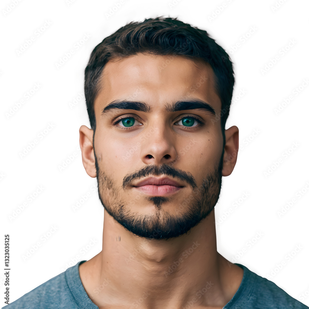 Obraz premium Handsome young man, sharp jawline, green eyes, short wavy hair, soft natural lighting, hyper-detailed photography, ultra-realistic portrait. 