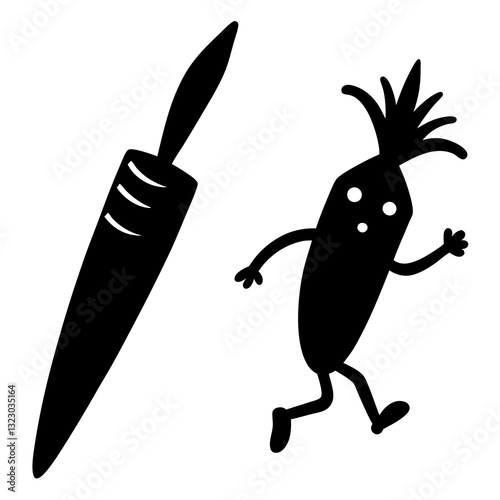 A carrot running away from a knife silhouette vector illustration