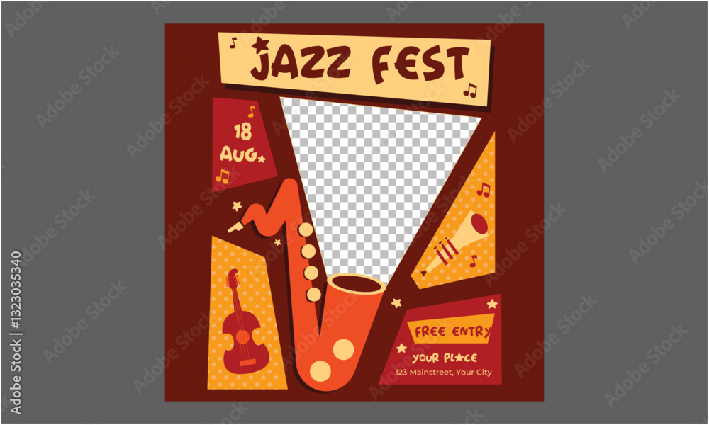 Jazz Fest Socials Media. Music festival.Vector illustrations of musicians, people and musical instruments: drums, cello, synthesizer, tape recorder for poster, flyer or background