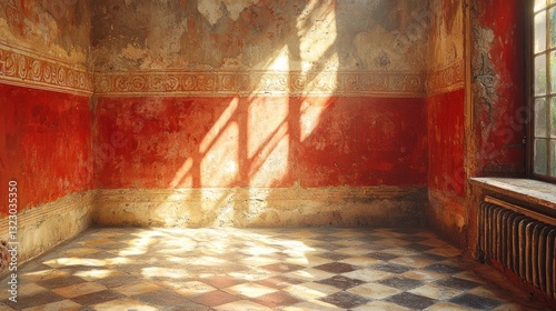 Sunlit interior of a derelict building with red walls and checkered floor.