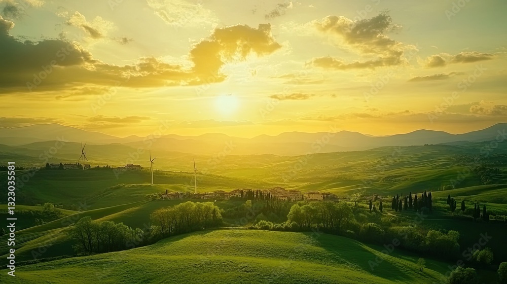 Obraz premium Serene Tuscan Landscape at Sunset with Wind Turbines and Rolling Hills