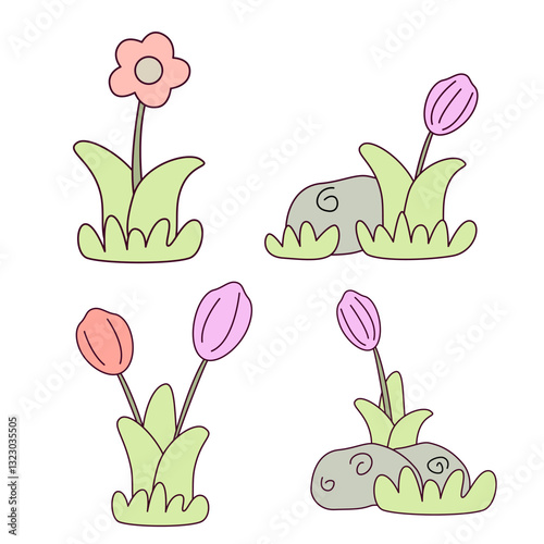 Dinosaurs in flat cartoon style. Dinosaur vector illustration. Super Cute dinosaurs on white background.
Children's collection includes cute dinosaurs, palm trees, volcanoes. Cute prehistoric dinosaur