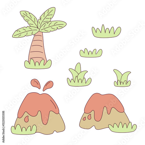 Dinosaurs in flat cartoon style. Dinosaur vector illustration. Super Cute dinosaurs on white background.
Children's collection includes cute dinosaurs, palm trees, volcanoes. Cute prehistoric dinosaur