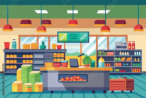 The layout showcases shelves filled with products and a cashier area in a bright, inviting atmosphere, Supermarket interior vector flat minimalistic